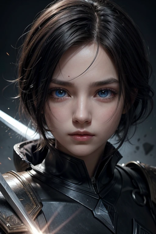 absurdrez, ultra details, high qualiy, Artwork, gorgeous eyes(detailedeyes) warrior with sword, short black hair, paladin'thisIt's heavy armor, fully body, tense facial expression, gaping mouth, yelling, grappling, gazing at viewer, shade, eye pencils, super lashes, fully body, lush ass,