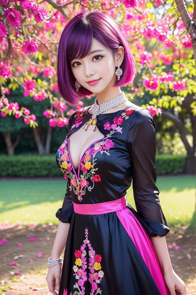 (masterpiece:1.4), (best quality:1.4), ultra high res, ultra high resolution, ((detailed facial features)), HDR, (realistic, photorealistic, photo-realistic:1.37), full body Esbian, sexy Thai model, (-anime), vivid colors, ((vivid colors multicolor (pink, fuchsia, purple) very short hair)), (happy smile), lip-gloss, long lashes, ultra detailed metallic makeup, defined eyebrows, wearing large sparkling colorful jewelery, wearing a red silk Paradise Kiss cosplay dress with black floral embroidery, ((vivid colors outfit)), vivid colors, look at the camera, cinematic light, large park background with trees, sweet and sexy pose