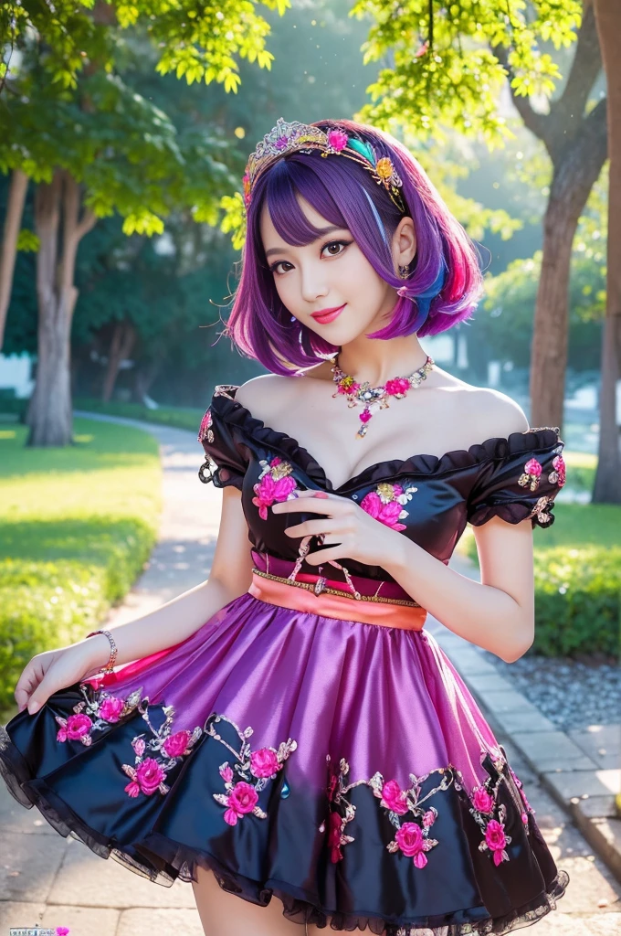 (masterpiece:1.4), (best quality:1.4), ultra high res, ultra high resolution, ((detailed facial features)), HDR, (realistic, photorealistic, photo-realistic:1.37), full body Esbian, sexy Thai model, (-anime), only 1 model, vivid colors, ((vivid colors multicolor (fuchsia, pink, light purple) very short hair)), beautiful smile, lip-gloss, long lashes, defined eyebrows, wearing large sparkling colorful jewelery, wearing a red silk Paradise Kiss cosplay dress with black floral embroidery, ((vivid colors outfit)), vivid colors, look at the camera, cinematic light, large park background with trees, sweet and sexy pose