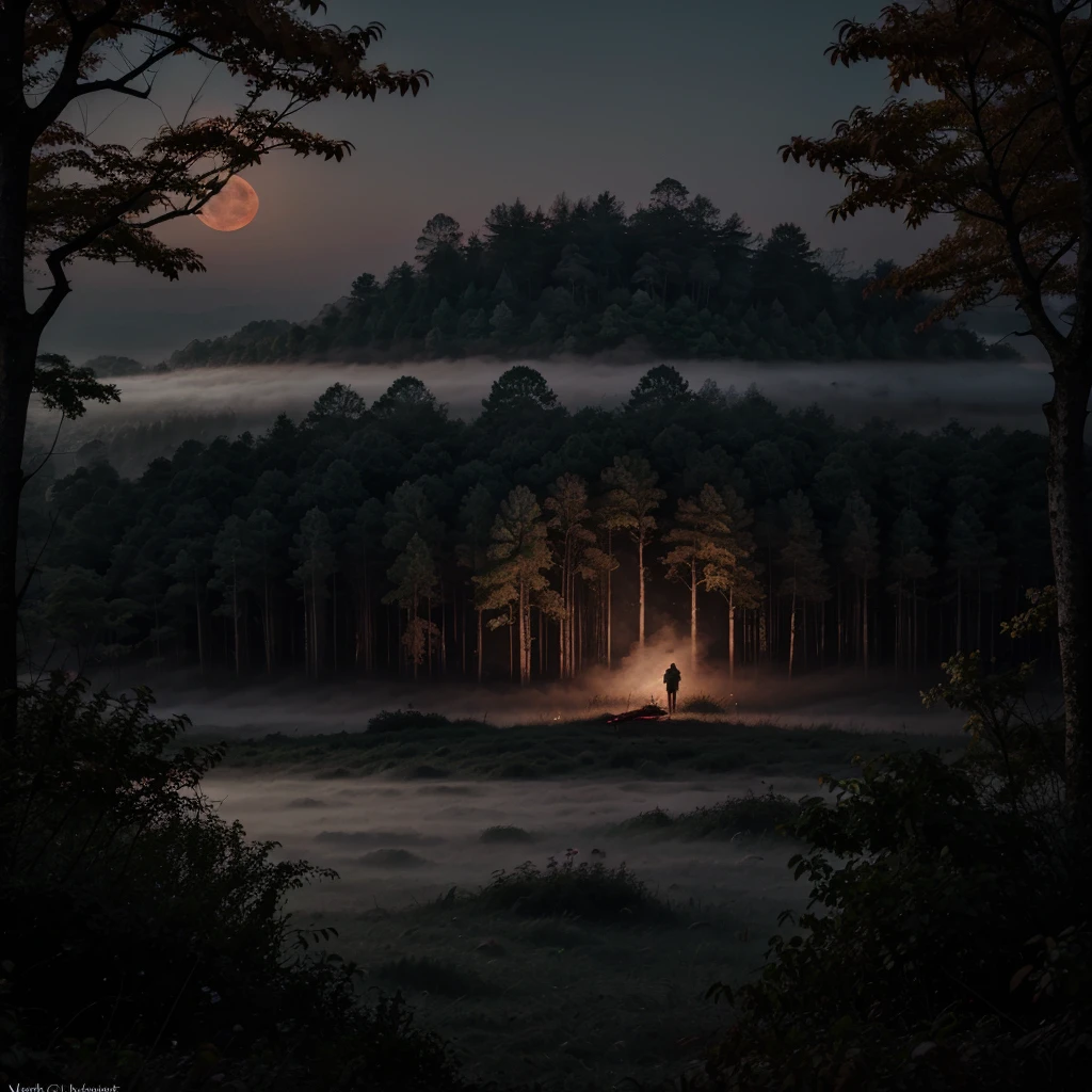 make me a cover with a dense forest on it, thick fog and night blood moon