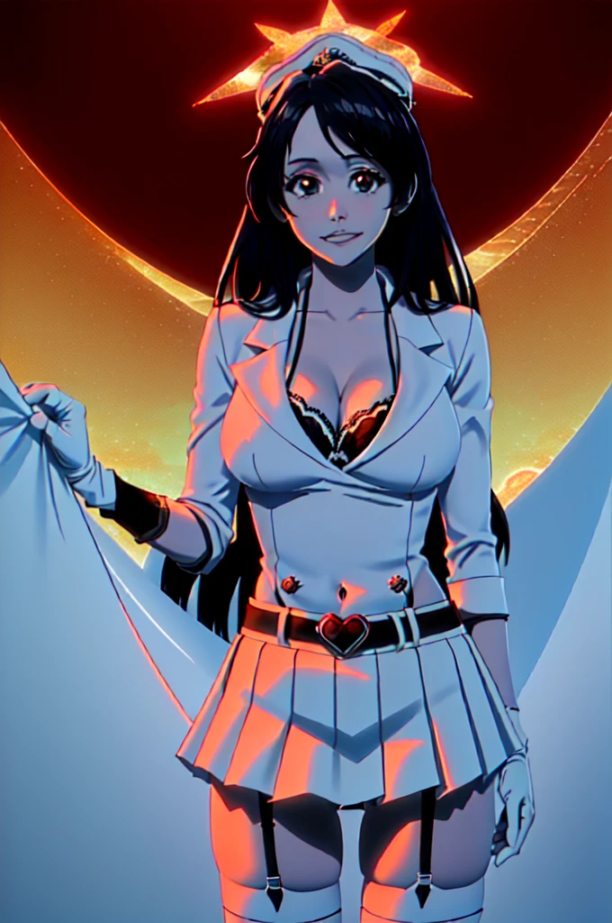 (best quality, masterpiece:1.2), realistic portrait of Chitanda Eru, captivating big eyes, she stands gracefully , evil smile, parted lips, short white pleated skirt, upskirt, gloves, white thigh high stockings with garter belt, belt, looking at viewer, medium breasts, exposed cleavage, braless. The picture showcases impeccable attention to detail, with ultra-detailed rendering of textures, vibrant colors, and sharp focus. The lighting accentuates the richness of the scene, creating a visually stunning and emotionally engaging masterpiece.