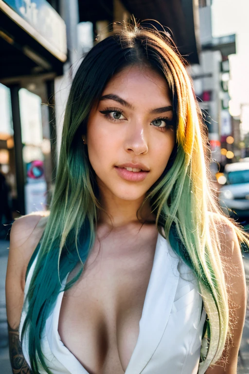 A photorealistic portrait of a 21-year-old girl with long, strait green hair and green eyes. she should be a mix betwenen asian and russian girl she shoul be verry verry beautifull, She should have a Natural but punk rock attitude, approachable expression and be illuminated by soft, golden-hour sunlight. The background should be a scenic outdoor street with graphity and building . Capture this image with a high-resolution photograph using an 85mm lens for a flattering perspective.