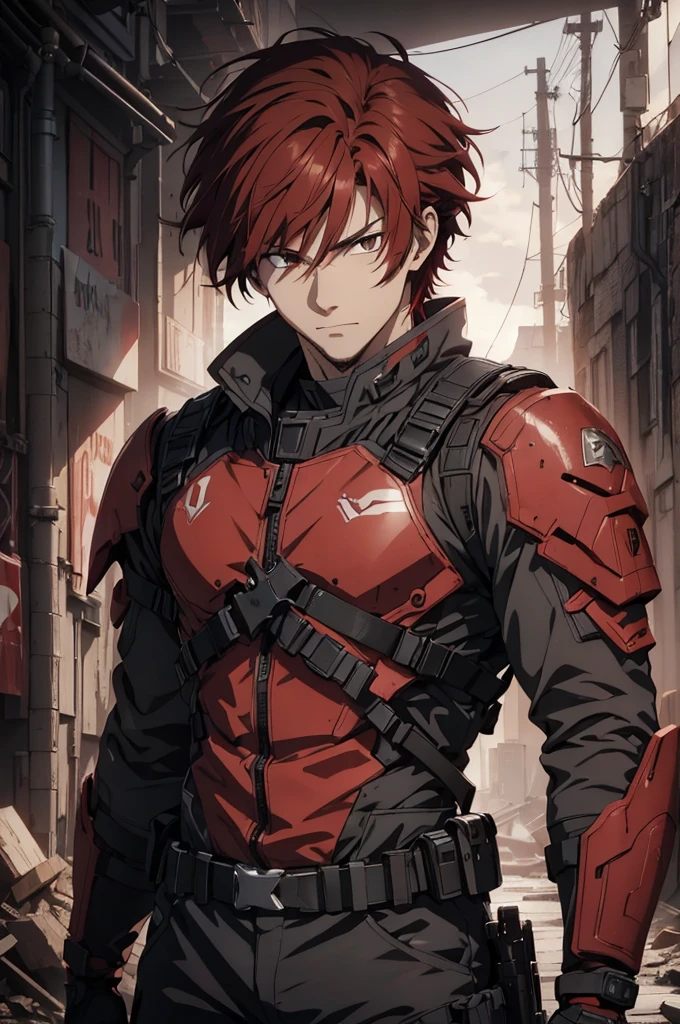 1man, handsome, red hair, wearing combat suit, ultra high resolution, best quality, masterpiece, rtx,ray tracing, 4k, top quality, highly detailed, official art, stunning visuals 