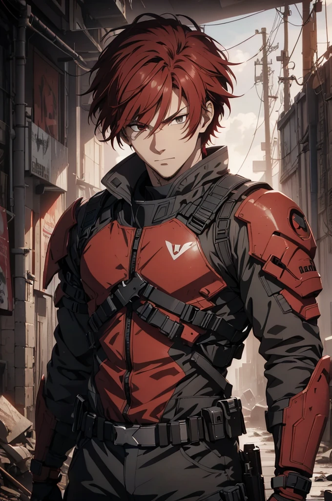 1man, handsome, red hair, wearing combat suit, ultra high resolution, best quality, masterpiece, rtx,ray tracing, 4k, top quality, highly detailed, official art, stunning visuals 