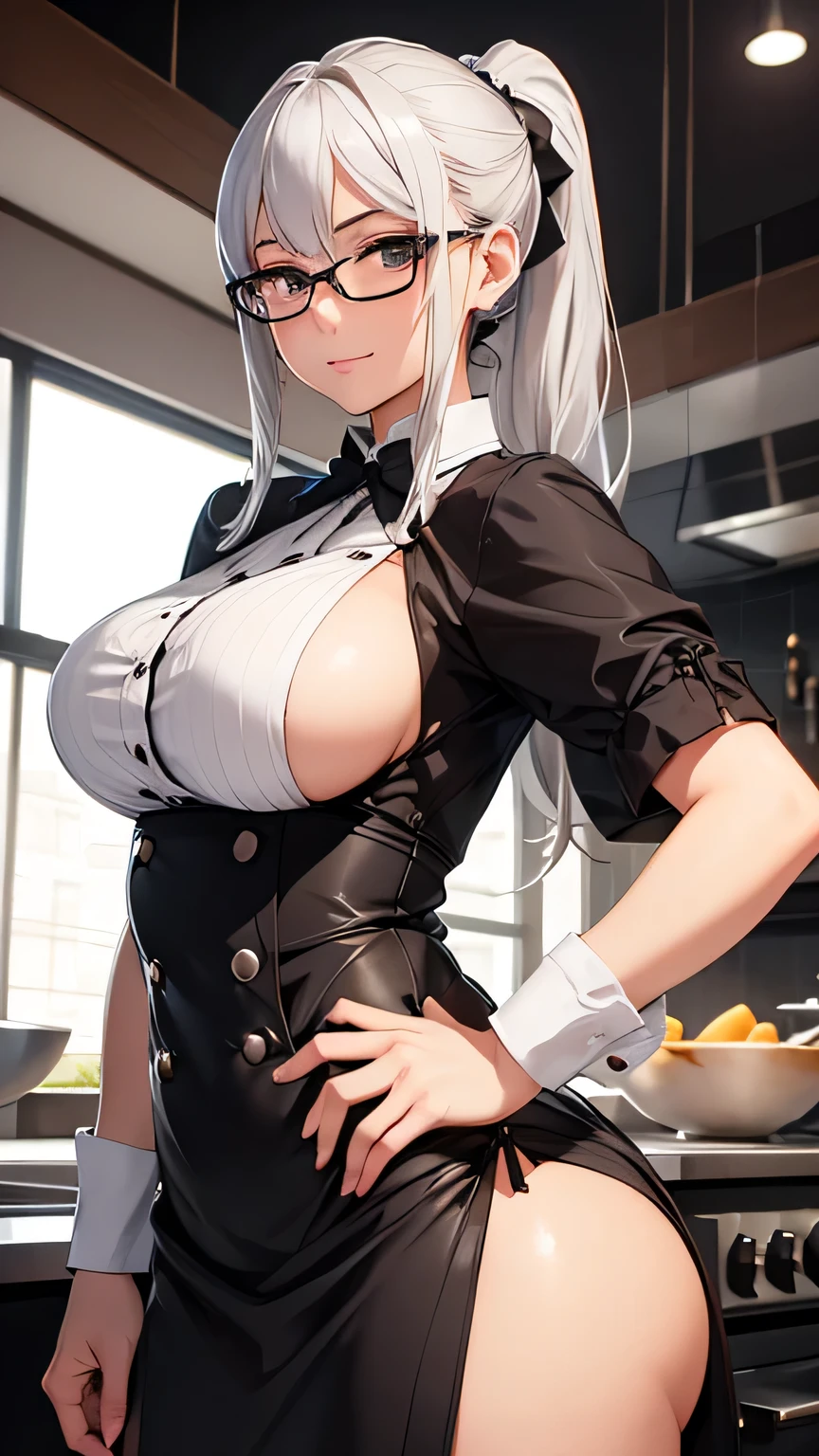 beautiful detailed girl, wearing big glasses, sexy short maid costume, Chef in classic attire, ponytail, silver hair, Pose with hands together, Youthful expression, large breast, huge buttock