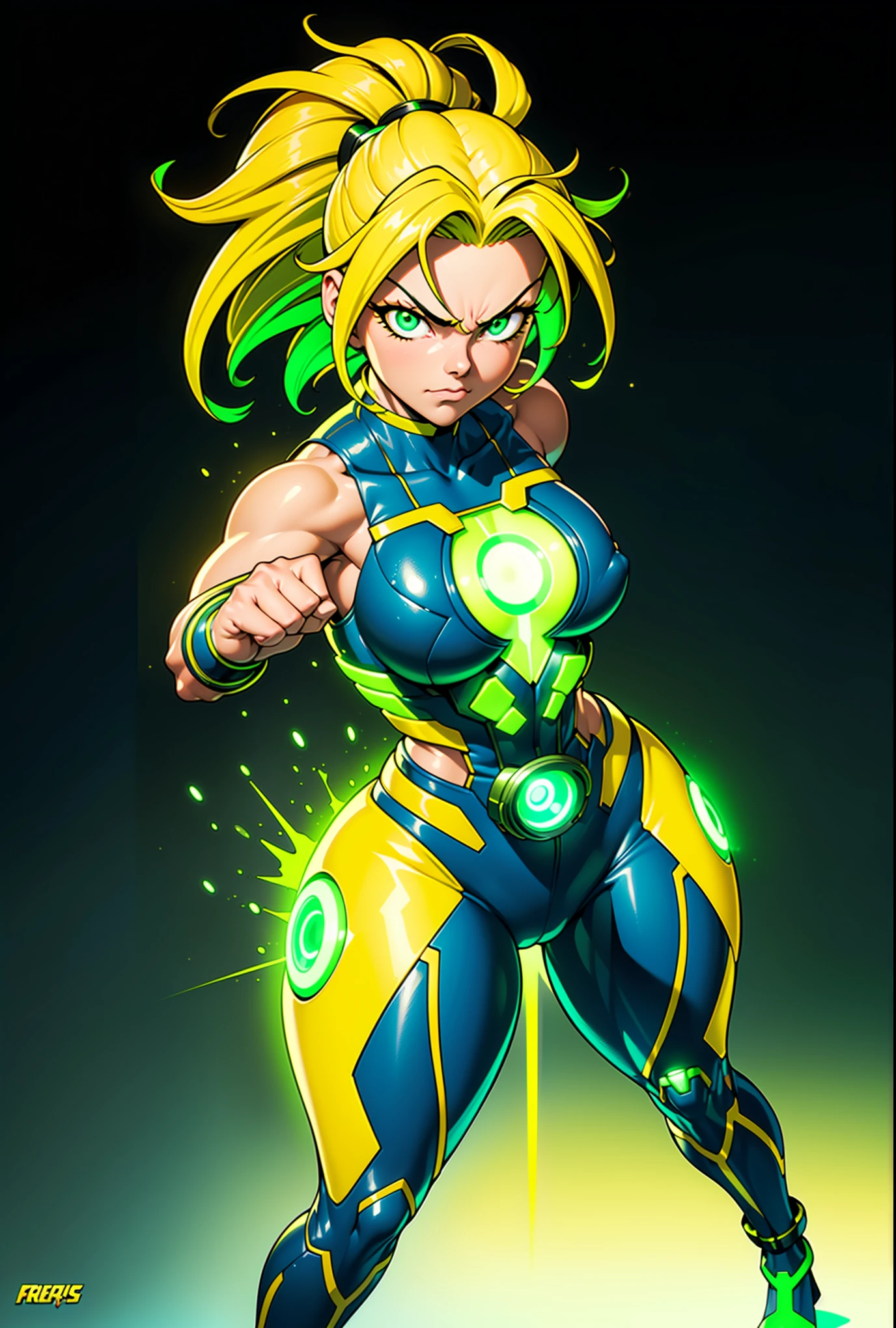 Digital painting of a woman with green and yellow hair, Superhero, Muscle Girl, Pause, Raise your fist, From above, 1 Raise your knees, Behance Contest Winner, Afrofuturism, Synthwave, neon, glowing neon, Huge saggy breasts,