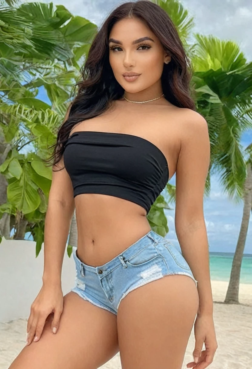 ((Best high quality:1.2)), work of art, (8k), extremely detailed, ((High detail:1.2)), (HotLexi woman), Solo, Brazilian female with 24 years old, (cropped strapless, mini-shorts),
