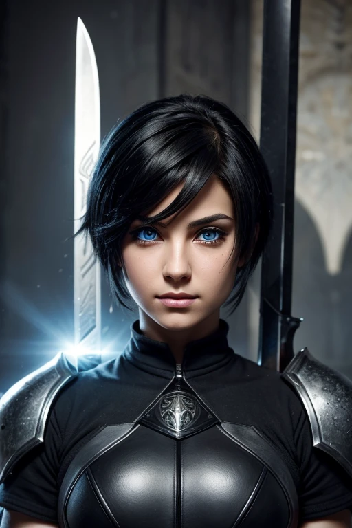absurdrez, ultra details, high qualiy, Artwork, gorgeous eyes(detailedeyes) warrior with sword, short black hair, paladin&#39;this&#15;It&#39;s heavy armor, fully body, tense facial expression, gaping mouth, yelling, grappling, gazing at viewer, shade, eye pencils, super lashes, fully body, lush ass,