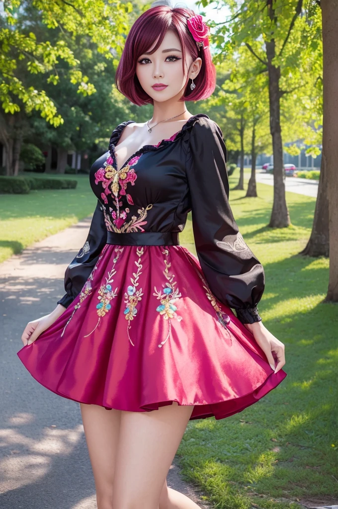(masterpiece:1.4), (best quality:1.4), ultra high res, ultra high resolution, ((detailed facial features)), HDR, (realistic, photorealistic, photo-realistic:1.37), full body Esbian, sexy Vietnamese model, (-anime), vivid colors, ((vivid colors multicolor (red, fuchsia) very short hair)), (happy smile), lip-gloss, long lashes, ultra detailed metallic makeup, defined eyebrows, wearing large sparkling colorful jewelery, wearing a red silk Paradise Kiss cosplay dress with black floral embroidery, ((vivid colors outfit)), vivid colors, look at the camera, cinematic light, large park background with trees, sweet and sexy pose
