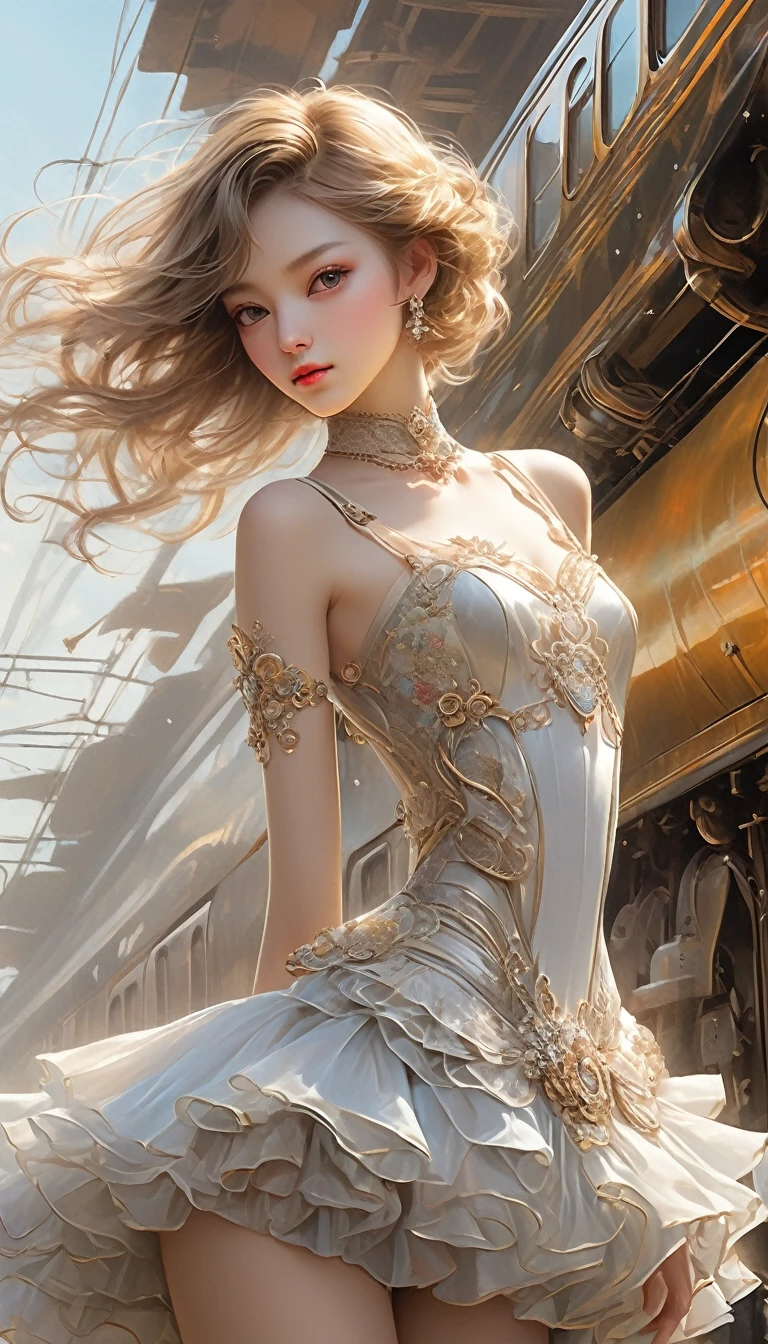 [detaileded illustrations, Art based on perfect anatomy, Highly detailed and detailed drawings, Slow and delicate lines, Realistic texture expression],((color tress main line)),(Artworks of outstanding craftsmanship),(in train background), (((shot from below:1.3))), (((shot focus on the crotch:1.3, pussy shot:1.2,))), cute and neat Japanese, , (Miou Matsuoka), Skinny (thin), short bob cut, (automaton), ((ballerina)), swan tutu dress, awful clothes,  (Transparent material) ((horn)),(Pearlescent),(Steampunk Alchemy),((Fine and beautiful skin expression (Transparency))),((Clear gaze)),((Perfect eyes detailed (Beautifully drawn eyes in every detail))),(beautiful perfect face (Realistic Face detaileds)),((Beautiful hair detailed)),(perfectly balanced proportions)),(Design built to a high standard,(((Advanced structural understanding of materials)),ideal color coordination),((artistic decoration)) ((meticulous detail)),(detailed,High resolution)),[(Ultra-precise details),((multilayer texture)),high quality,High resolution] (Accurate simulation of interactions between light and materials, Understanding air flow, Mechanically correct representation)),((Visual art that tells a story)).