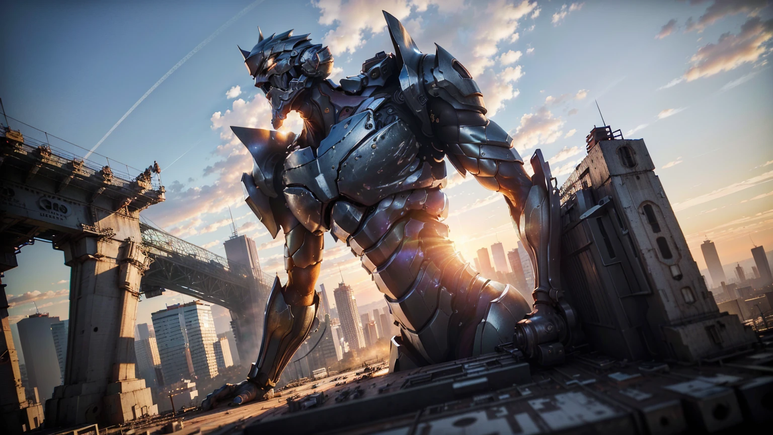 (best quality, 4k, highres, ultra-detailed, realistic:1.37), HDR, bright lighting, vibrant colors, massive machinery, enormous humanoid robot, breathtaking view from the top of a building, intricate cable network attached to the back, bustling city of Tokyo, meticulous attention to detail, lifelike rendering of the organic body, slender figure, metallic armor shining on top.