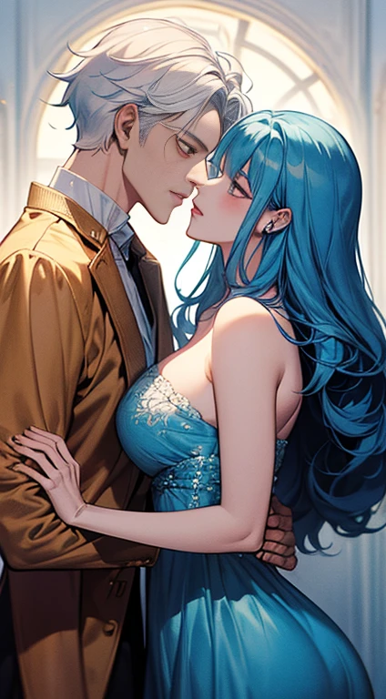 ke (((1male white hair people：Piercing in the left ear,、tall、tall、Tall、a handsome、refreshing、burly)))、(((1female blue hair：Long、short、Best style、F-cup、See-through sexy dress、Beautuful Women)))、((((a couple))))、{(Best Quality, 8K, masutepiece, nffsw, Soft lighting, image perfect, Digital Illustration, manhwa art, super detailed image, Perfect lines, )} พื้นหลังโบสถ์