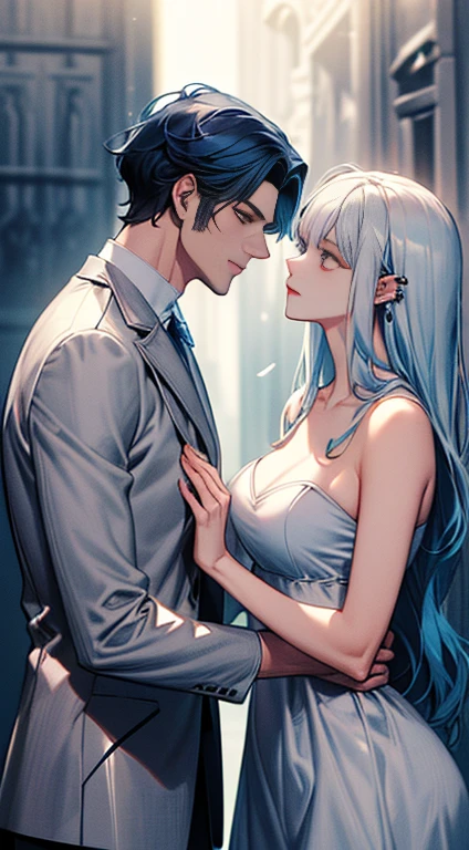 ke (((1male white hair people：Piercing in the left ear,、tall、tall、Tall、a handsome、refreshing、burly)))、(((1female blue hair：Long、short、Best style、F-cup、See-through sexy dress、Beautuful Women)))、((((a couple))))、{(Best Quality, 8K, masutepiece, nffsw, Soft lighting, image perfect, Digital Illustration, manhwa art, super detailed image, Perfect lines, )} พื้นหลังโบสถ์