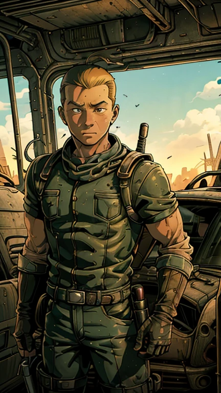 (Teens:1boy: Tintin,clark), (extremely detailed CG unit 8k wallpaper),(master part), (best quality), (ultra detail), (best illustration),(melhor ombre), cowboy shot, (Sharp eyeliner, ombre, detailedeyes:1), post apocalyptic interiors background, ,break , (madmax), upper body, short hair, black hair