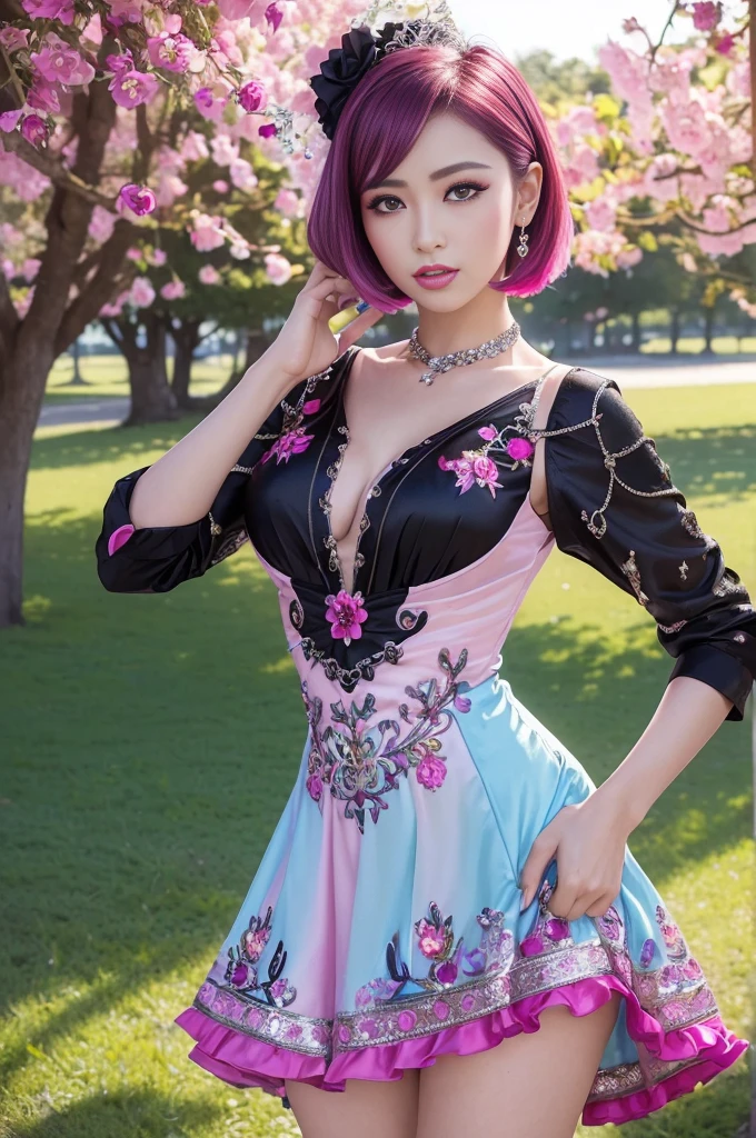 (masterpiece:1.4), (best quality:1.4), ultra high res, ultra high resolution, ((detailed facial features)), HDR, (realistic, photorealistic, photo-realistic:1.37), full body Esbian, sexy swedish model, (-anime), only 1 model, vivid colors, ((vivid colors multicolor (fuchsia, pink, light blue, purple) very short hair)), (seductive smile), lip-gloss, long lashes, defined eyebrows, wearing large sparkling colorful jewelery, wearing a red silk Paradise Kiss cosplay dress with black floral embroidery, ((vivid colors outfit)), vivid colors, look at the camera, cinematic light, large park background with trees, sweet and sexy pose