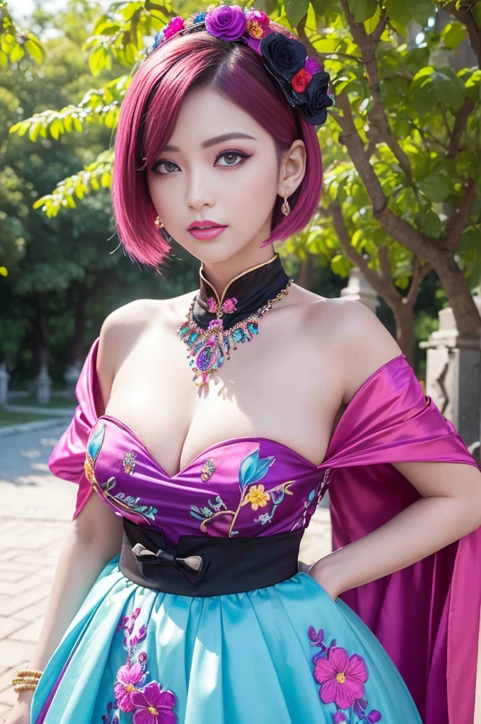 (masterpiece:1.4), (best quality:1.4), ultra high res, ultra high resolution, ((detailed facial features)), HDR, (realistic, photorealistic, photo-realistic:1.37), full body Esbian, sexy Indonesian model, (-anime), only 1 model, vivid colors, ((vivid colors multicolor (fuchsia, pink, light blue, purple) very short hair)), (big smile), lip-gloss, long lashes, beautiful makeup, defined eyebrows, wearing large sparkling colorful jewelery, wearing a red silk Paradise Kiss cosplay dress with black floral embroidery, ((vivid colors outfit)), vivid colors, look at the camera, cinematic light, large park background with trees, sweet and sexy pose