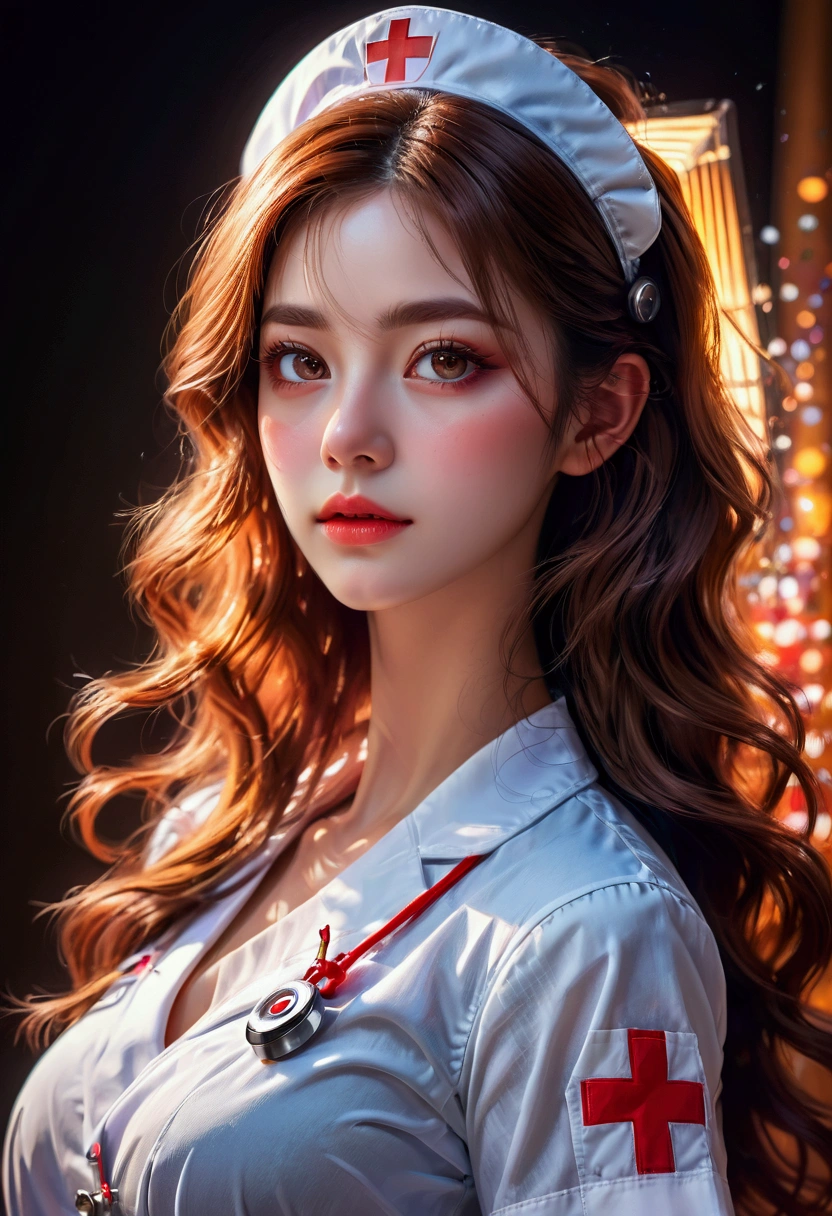 1girl, Nurse, a beautiful nurse, beautiful detailed eyes, beautiful detailed lips, extremely detailed face and portrait, longeyelashes, (4k,8k,highres:1.2), ultra-detailed, HDR, UHD, studio lighting, ultra-fine painting, sharp focus, physically-based rendering, extreme detail description, professional, vivid colors, bokeh, portrait, cinematic lighting, warm color tones, glowing skin, masterpiece, best quality, very aesthetic, absurdres