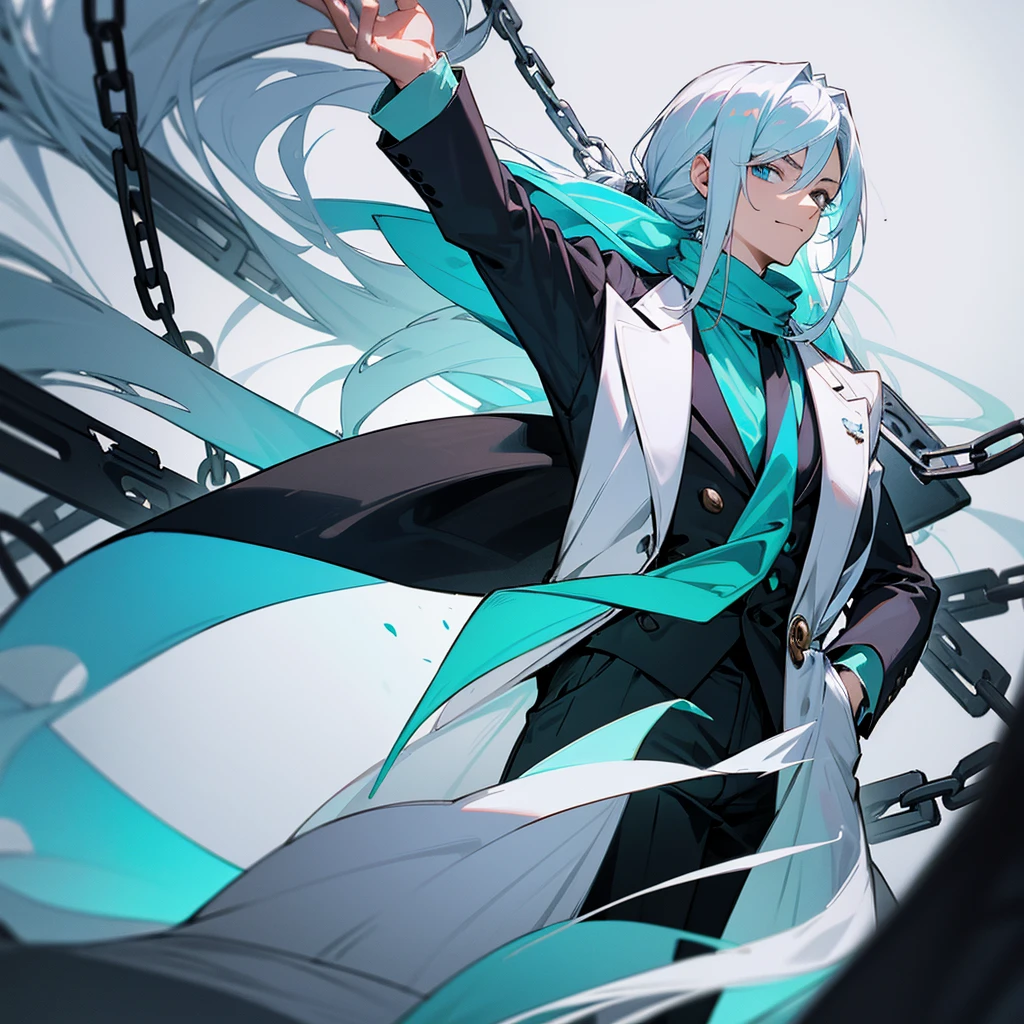 1 man with long white hair and hair tied back, wearing a black overcoat covering his white shirt with a cyan tie and black dress pants with pockets and chains while wearing a white scarf with a tall white background with a smile and a clock showing 12 hours and 28 Roman minutes in black and white and conjuring a magic in the form of a cyan colored time clock with his hair looking like Meliodas with a masculine but beautiful face