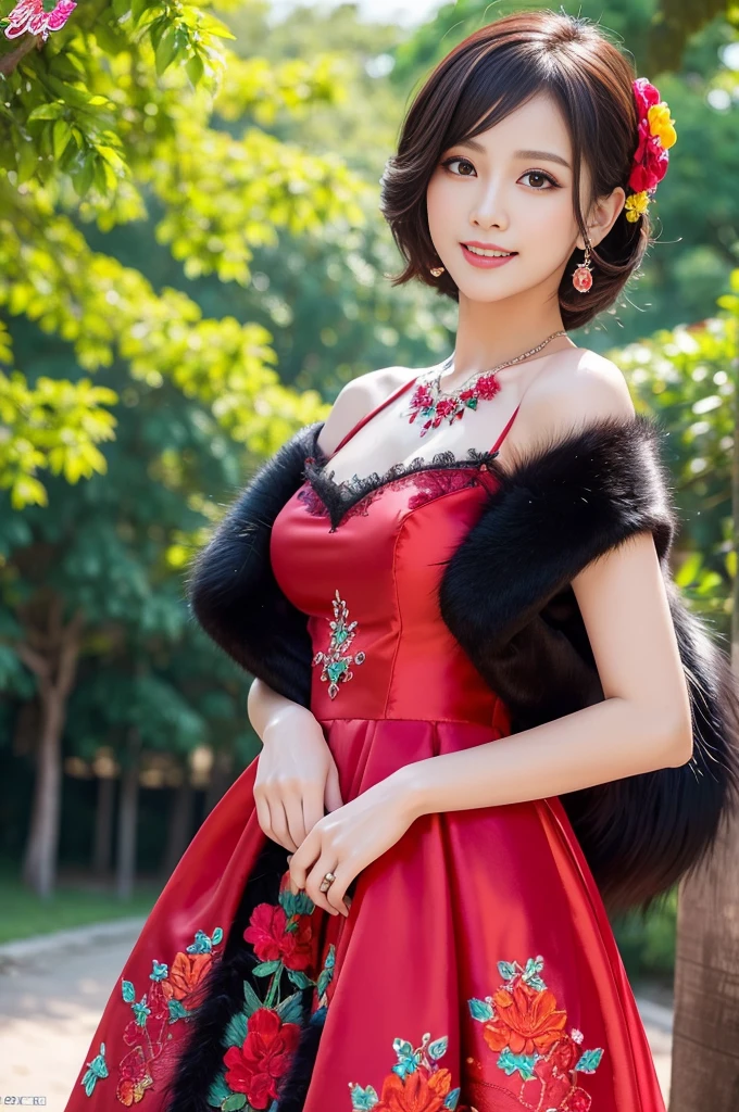 (masterpiece:1.4), (best quality:1.4), ultra high res, ultra high resolution, ((detailed facial features)), HDR, (realistic, photorealistic, photo-realistic:1.37), full body, sexy Vietnamese model, (-anime), only 1 model, vivid colors, very short hair, (beautiful smile), lip-gloss, long lashes, defined eyebrows, wearing large sparkling colorful jewelery, wearing a red silk Paradise Kiss cosplay dress with black floral embroidery, ((long fur vivid colors outfit)), vivid colors, look at the camera, cinematic light, large park background with trees, sweet and sexy pose