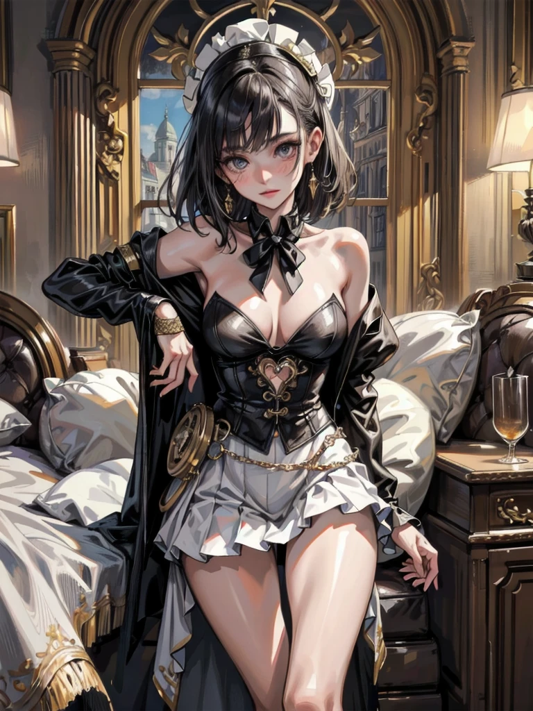 absurdres, RAW photo, extremely delicate and beautiful, masterpiece, Best Quality, ultra high resolution, 32k, hyperrealistic, ultra-detailed, detailed background, landscape, perfect anatomy, anatomically correct, perfect figure, Perfect Style, Perfect balance, super Detailed skin, in her 30s, very Slim body, narrow waist, very small head, very small face, delicate facial features, handsome detailed woman, very detailed eyes and face, realistic face proportions, Realistic beautiful face, Realistic beautiful eyes, tearful mole, earring, very huge round tits, full body shot, medium hair, asymmetrical hair, indoor, steampunk fashion, blouse, short skirt, off shoulder,