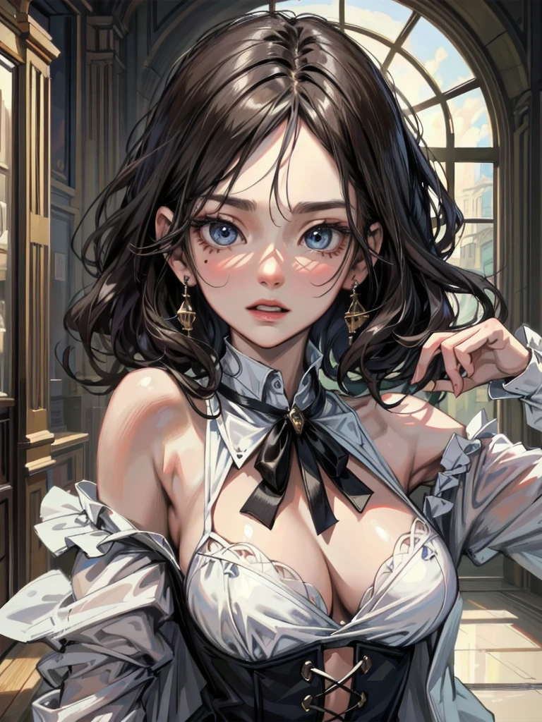 absurdres, RAW photo, extremely delicate and beautiful, masterpiece, Best Quality, ultra high resolution, 32k, hyperrealistic, ultra-detailed, detailed background, landscape, perfect anatomy, anatomically correct, perfect figure, Perfect Style, Perfect balance, super Detailed skin, in her 30s, very Slim body, narrow waist, very small head, very small face, delicate facial features, handsome detailed woman, very detailed eyes and face, realistic face proportions, Realistic beautiful face, Realistic beautiful eyes, tearful mole, earring, very huge round tits, full body shot, medium hair, asymmetrical hair, indoor, steampunk fashion, blouse, short skirt, off shoulder,