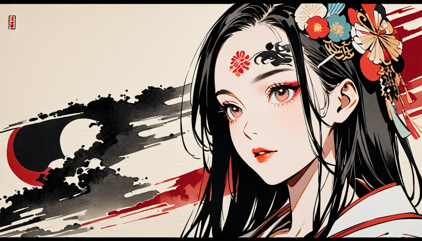 (((Ink Painting))), Fashion portrait color photos, (((1 girl))), (((Tattoo on forehead))), (((Very flashy hair accessories))), Japanese style headphones, face close-up, Japan人の美少女, Black Hair, Delicate and precise, Modern ukiyo-e style,Japan, Japanese flag