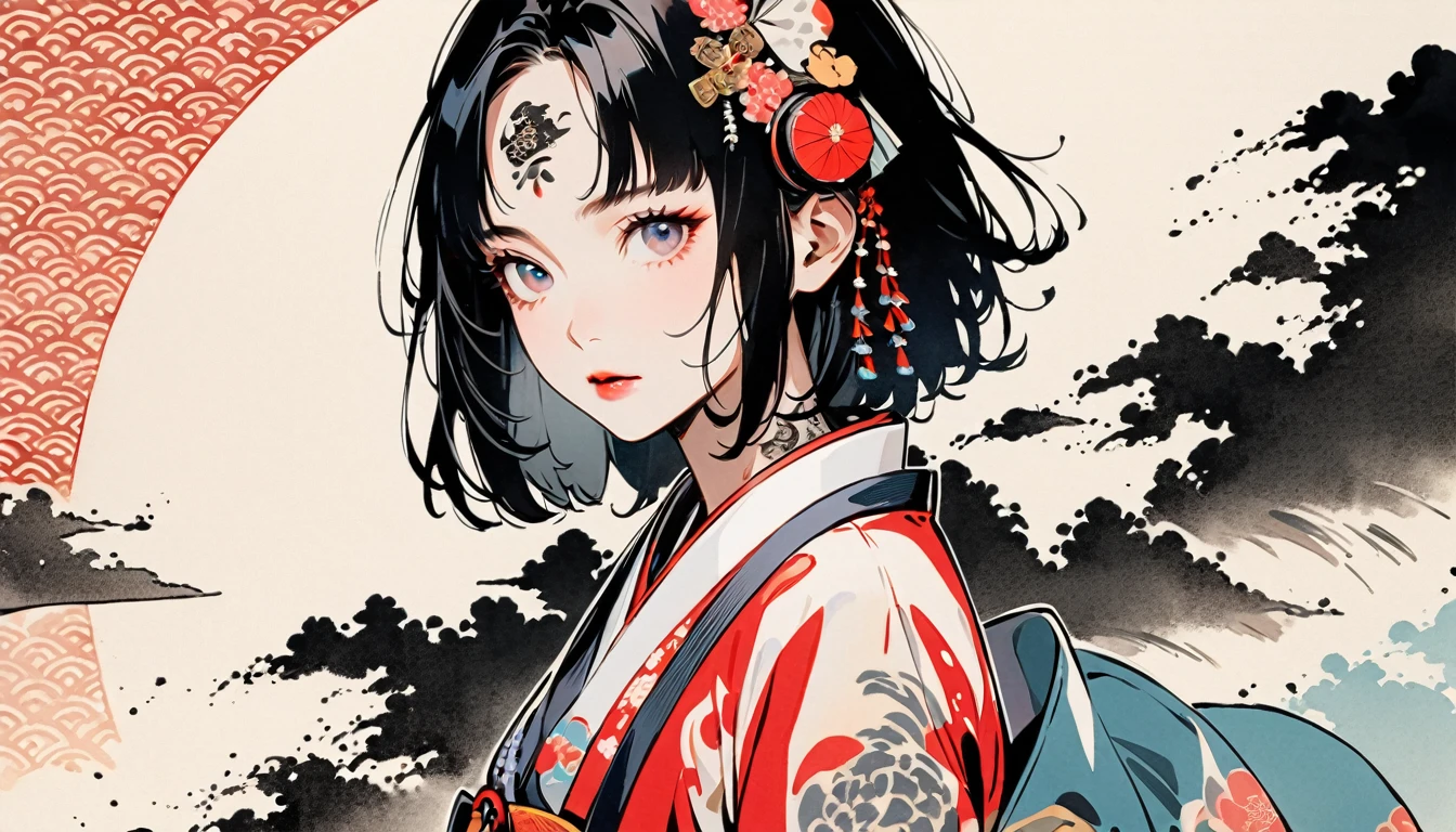 (((Ink Painting))), Fashion portrait color photos, (((1 girl))), (((Tattoo on forehead))), (((Very flashy hair accessories))), Japanese style headphones, face close-up, Japan人の美少女, Black Hair, Delicate and precise, Modern ukiyo-e style,Japan, Japanese flag