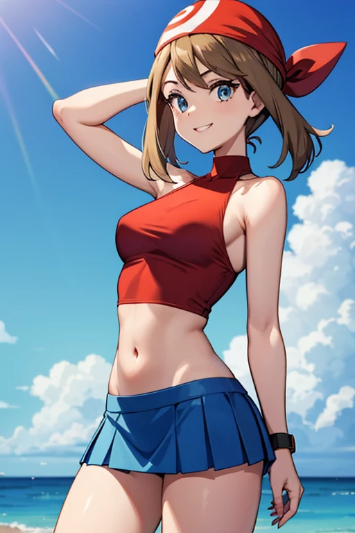 adult_may_from_pokemon, (red high_neck_halter_top | bare shoulders | neckholder), (short_white_and_blue_miniskirt | pleated), small_midriff, brown hair, red bandana, blue eyes, motivated pose, pokeball_in_hand, skinny, friendly smile, female, high resolution, 8k, cowboy shot