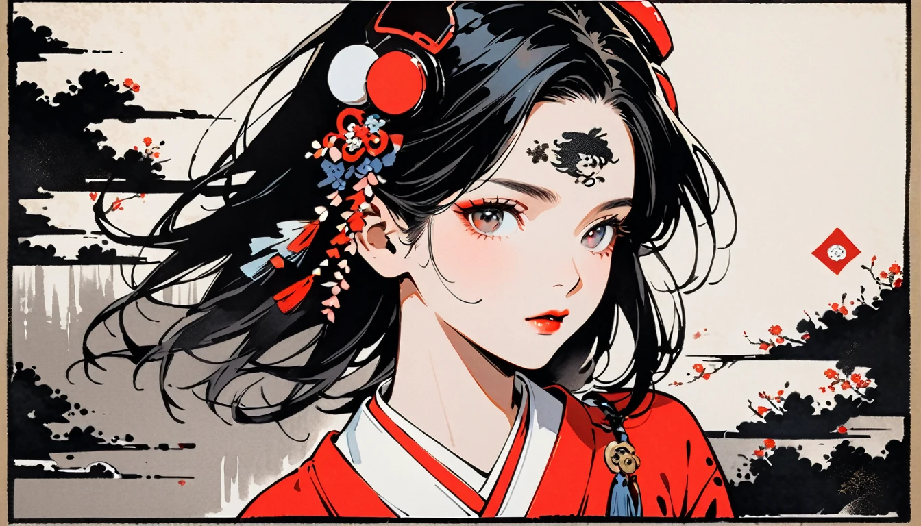 (((Ink Painting))), Fashion portrait color photos, (((1 girl))), (((Tattoo on forehead))), (((Very flashy hair accessories))), Japanese style headphones, face close-up, Japan人の美少女, Black Hair, Delicate and precise, Modern ukiyo-e style,Japan, Japanese flag