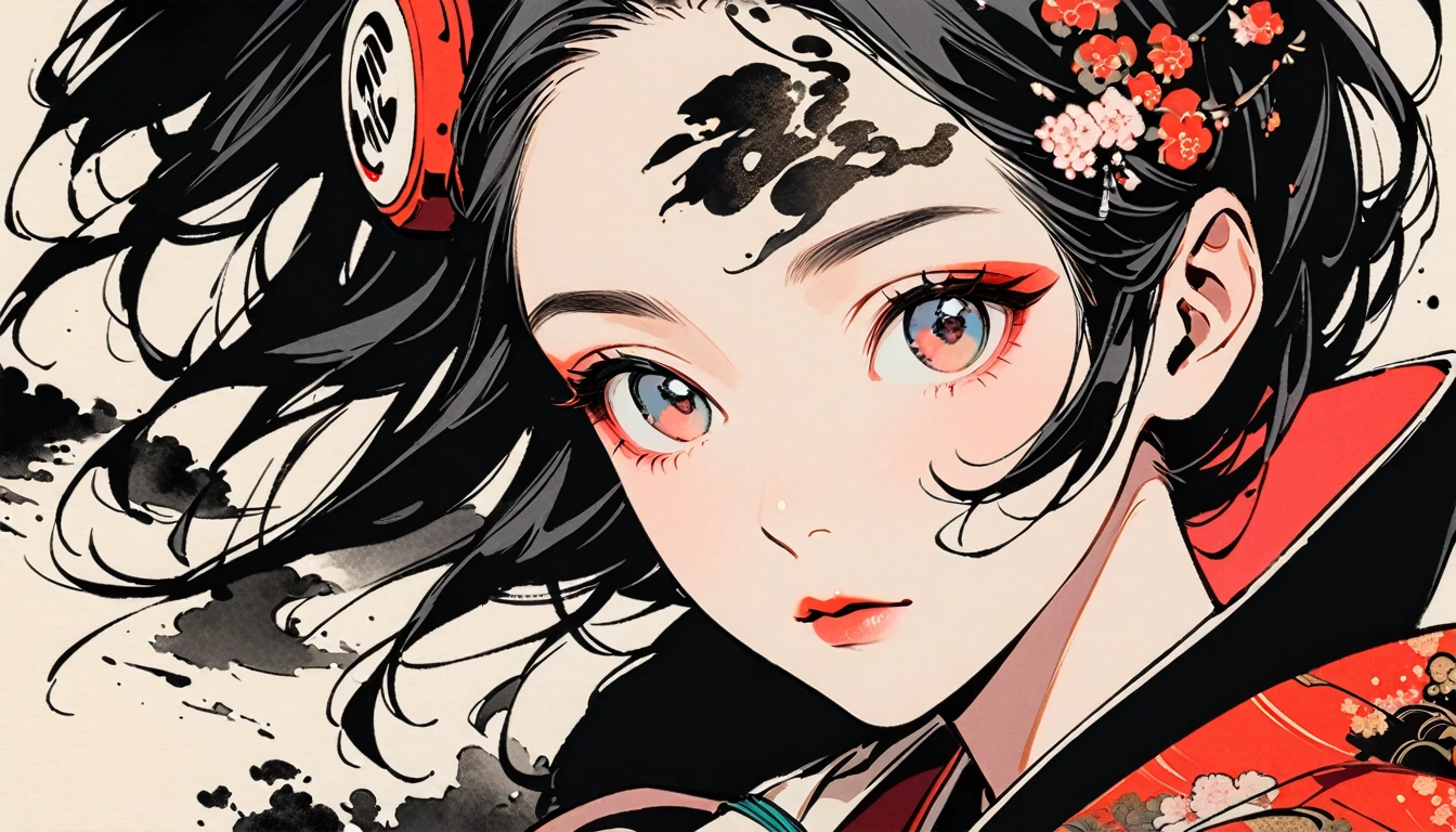 (((Ink Painting))), Fashion portrait color photos, (((1 girl))), (((Tattoo on forehead))), (((Very flashy hair accessories))), Japanese style headphones, face close-up, Japan人の美少女, Black Hair, Delicate and precise, Modern ukiyo-e style,Japan, Japanese flag