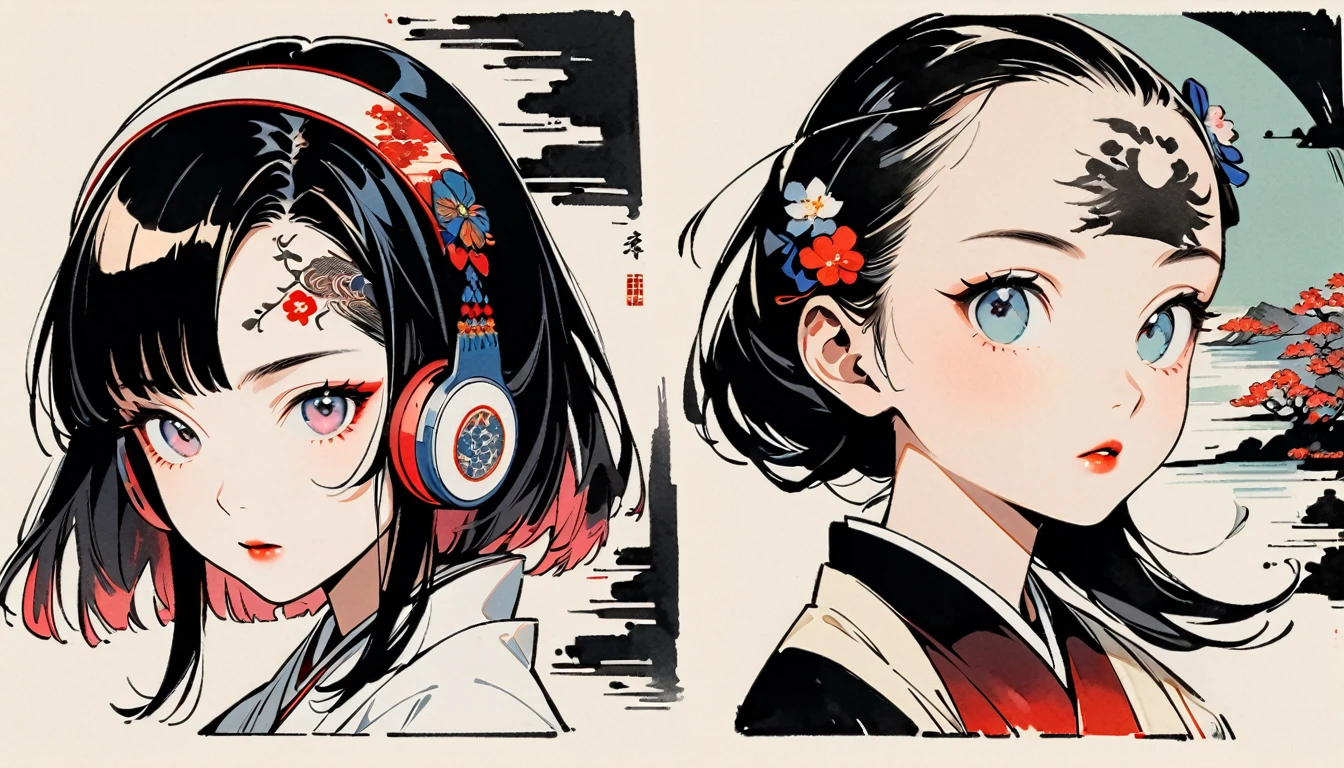 (((Ink Painting))), Fashion portrait color photos, (((1 girl))), (((Tattoo on forehead))), (((Very flashy hair accessories))), Japanese style headphones, face close-up, Japan人の美少女, Black Hair, Delicate and precise, Modern ukiyo-e style,Japan, Japanese flag