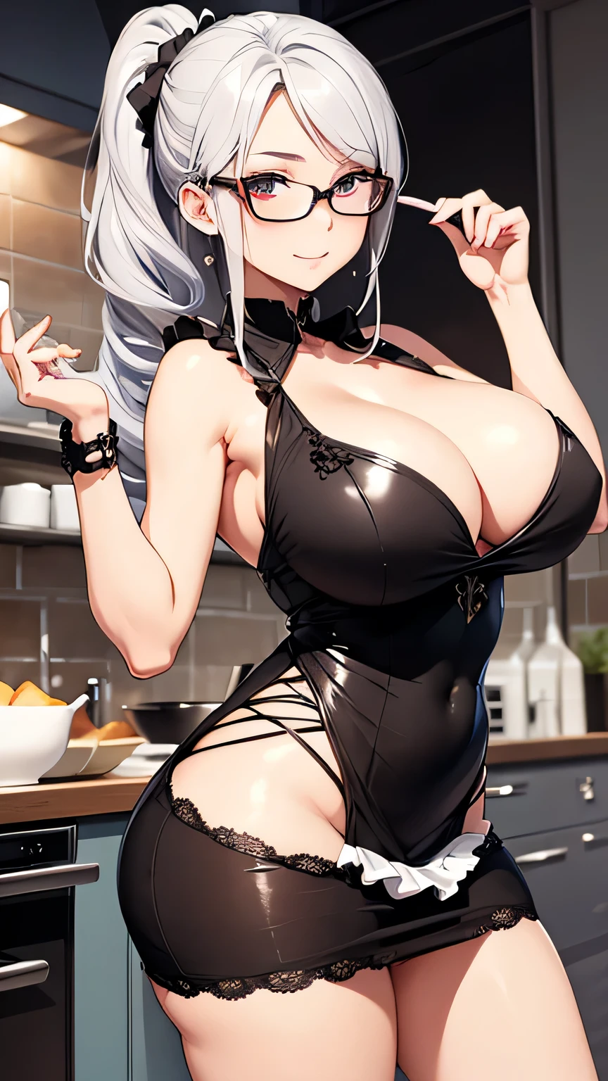beautiful detailed girl, wearing big glasses, sexy short maid costume, sexy mini skirt, Chef in classic attire, ponytail, silver hair, Pose with hands together, Youthful expression, large breast, huge buttock