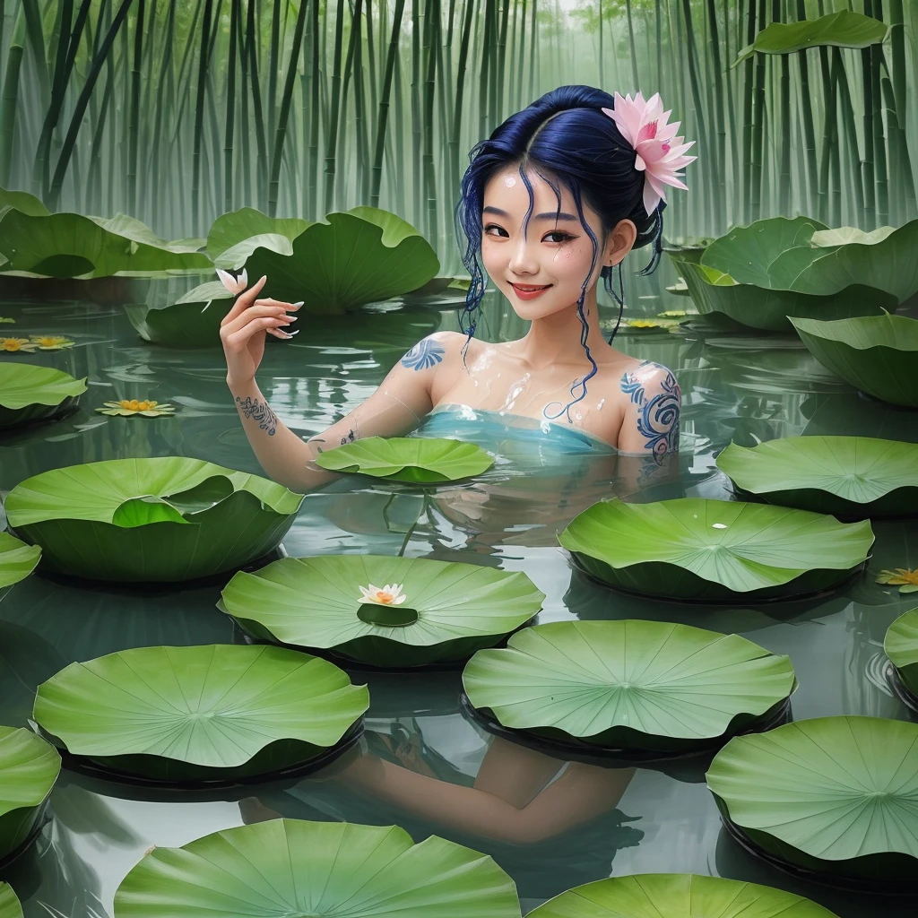 Surreal image of a Thai-Korean girl with beautiful dark blue hair tied back. There is water surrounding it like a silk cloth. Empty and tattooed Having fun with water, there are bubbles, He held a large clear lotus leaf on his head to block the rain. Soak in the lotus pond more steam floating Beautiful smile, cute hair tropical wild flowers Surrounded by many flowers floating around flower background Lots of tropical forests, bamboo forests, rocks all around., BG dark color, Realistic, realistic details, sharp 4K masterpiece wallpapers rendered with Unreal Engine 5., 64k, uhd