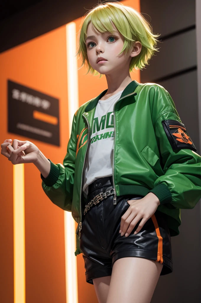 Raise a short man, with short blonde hair finished with green highlights, he wears a flashy neon orange jacket, military green shorts and a character blouse
