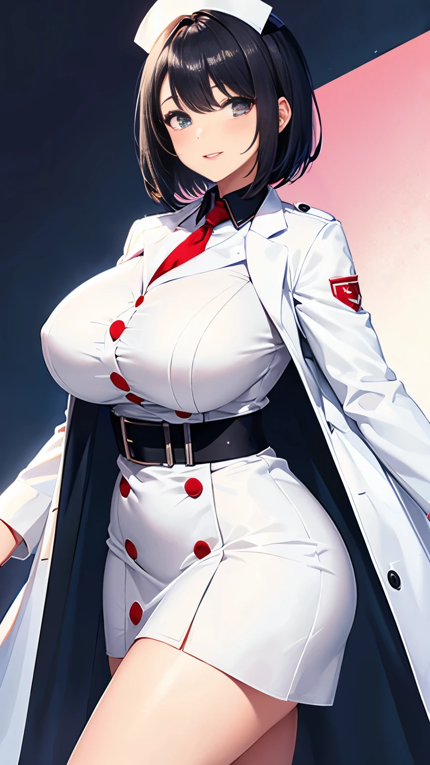 Big breasts nurse with short black hair in a white coat