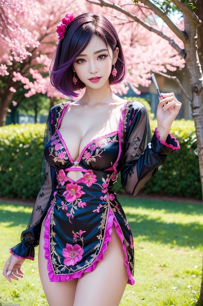(masterpiece:1.4), (best quality:1.4), ultra high res, ultra high resolution, ((detailed facial features)), HDR, (realistic, photorealistic, photo-realistic:1.37), full body Esbian, sexy Indonesian model, (-anime), only 1 model, vivid colors, ((vivid colors multicolor (fuchsia, pink, light blue, purple) very short hair)), (happy smile), lip-gloss, long lashes, ultra detailed metallic makeup, defined eyebrows, wearing a red silk Paradise Kiss cosplay dress with black floral embroidery, ((vivid colors outfit)), vivid colors, look at the camera, cinematic light, large park background with trees, sweet and sexy pose