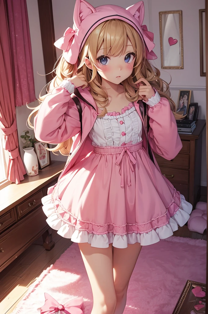 (Masterpiece, top quality, absolute resolution, real stick, realistic materials and textures, perfect anatomy), BREAK Subject: Photo girl Subtitle: Junior high school girls, thighs, small, cute, Kigurumi pajamas BREAK pink kawaii room , pink gothic room, messy room, Marchen, macarons, Candy, heart item, ribbon,star item, small window, (Miscellaneous goods are placed in a mess:1.3),dresser, antimacassar , busty, blond hair