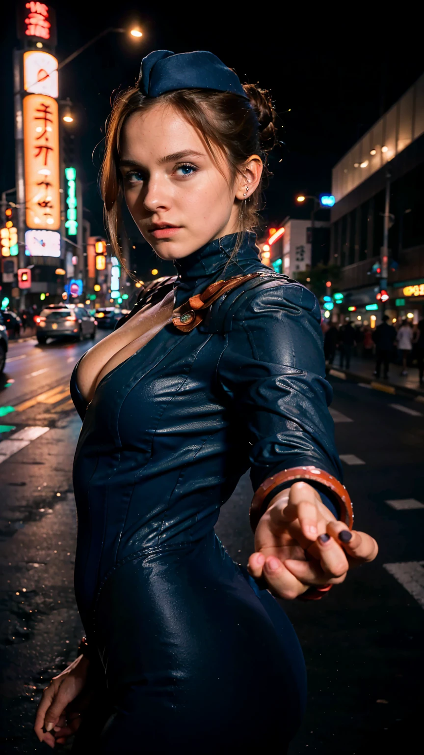 (masterpiece), (best quality), (solo, 1girl), (photorealistic1.4), (ewt in blue eyes), (Emma Watson blue eyes), (sfJuli latex costume), (sfJuli bodysuit), brown hair, hat, (sfJuli orange necktie), (sfJuli red gloves), (navy blue ribbed bodysuit) , (epiCRealLife:1.0), (flashphoto), (flash photography), (cowboy shots), (on Tokyo Night street), (neon lights), (from front), (pose for pictures)