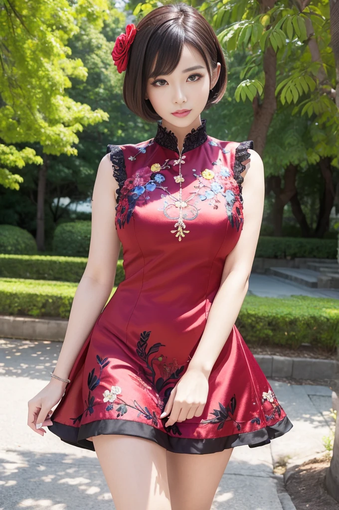(masterpiece:1.4), (best quality:1.4), ultra high res, ultra high resolution, ((detailed facial features)), HDR, (realistic, photorealistic, photo-realistic:1.37), full body Esbian, sexy Japanese model, (-anime), only 1 model, vivid colors, ((vivid colors multicolor very short hair)), (big smile), lip-gloss, long lashes, defined eyebrows, wearing large sparkling colorful jewelery, wearing a red silk Paradise Kiss cosplay dress with black floral embroidery, ((vivid colors outfit)), vivid colors, look at the camera, cinematic light, large park background with trees, sweet and sexy pose
