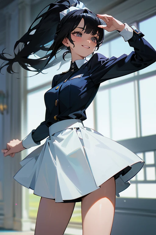 (Highest Resolution, clear_image) Highest quality, single, One Woman, alone, masterpiece, Very detailed, Semi-realistic, Black Hairのショートヘア, Black Hair, bangs, 18-year-old, mature, light blue uniform, uniform, Indoor Background, kind, Authoritative, Powerful, exquisite features, exquisite features、Eyelashes become longer、Showing teeth、smile😀、Maid clothes、ponytail、((mini skirt)).