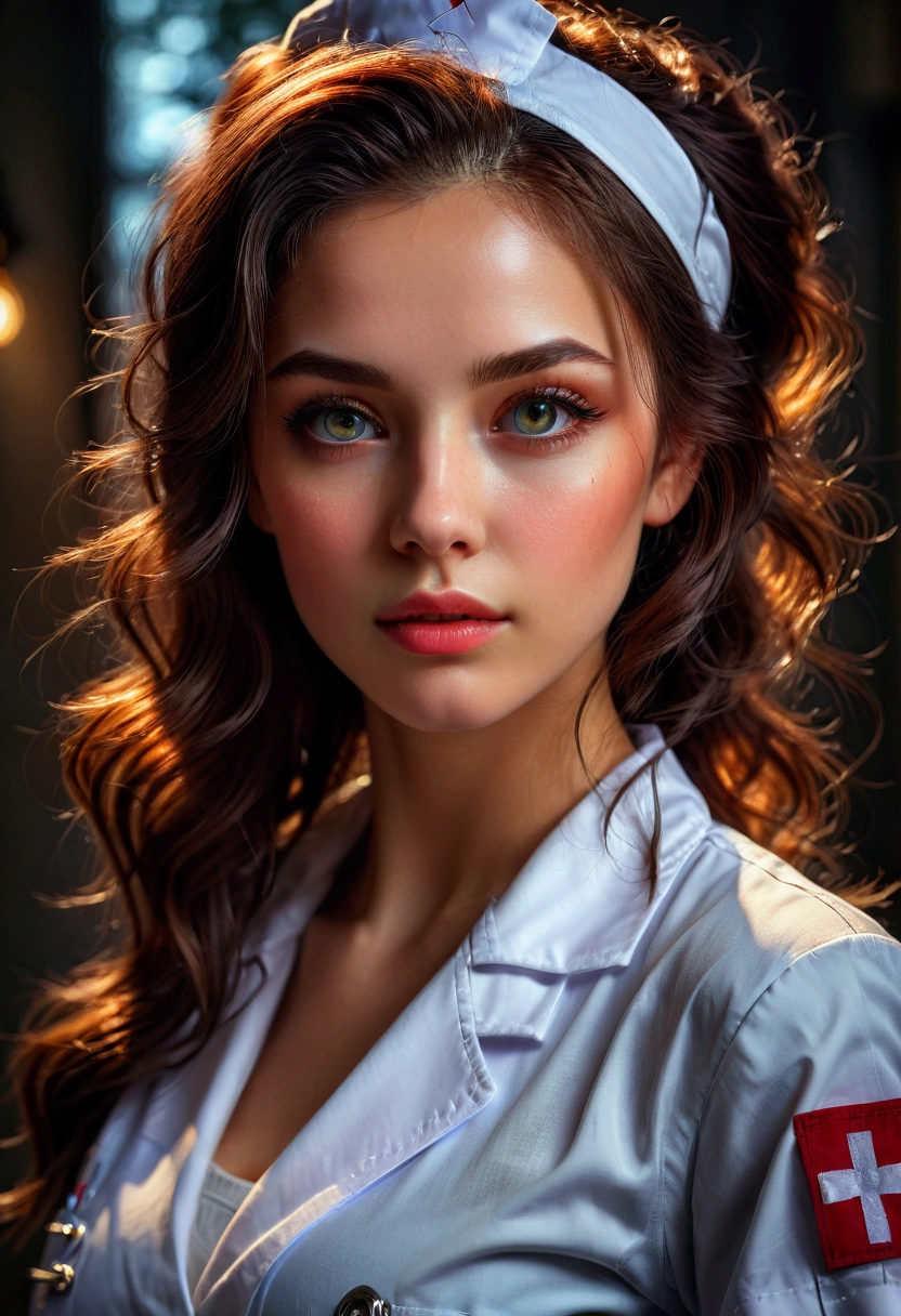 1girl, Nurse, a beautiful nurse, beautiful detailed eyes, beautiful detailed lips, extremely detailed face and portrait, longeyelashes, (4k,8k,highres:1.2), ultra-detailed, HDR, UHD, studio lighting, ultra-fine painting, sharp focus, physically-based rendering, extreme detail description, professional, vivid colors, bokeh, portrait, cinematic lighting, warm color tones, glowing skin, masterpiece, best quality, very aesthetic, absurdres