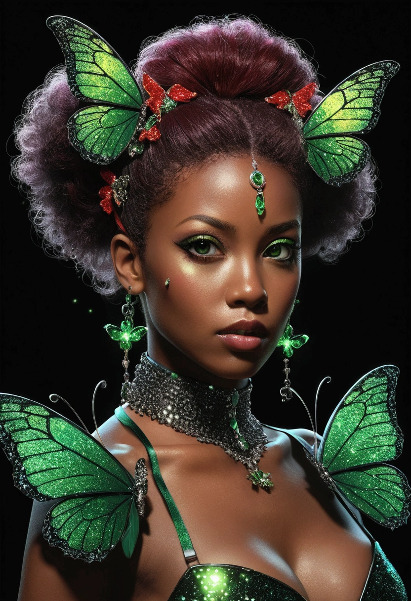 atmosfera oleosa sombria 4D style butterfly Mai sexy picture of a grown-up magical girl sexy cute mature face hair afro red + green with some puled up into a false ponytail girl is sexy dark Black theme with glitter and sparkles big black crystal eye creating a glamorous and aesthetic effect. sharp focus emitting diodes smoke artillery sparks racks system unit motherboard by pascal blanche rutkowski repin artstation hyperrealism painting concept art of detailed
