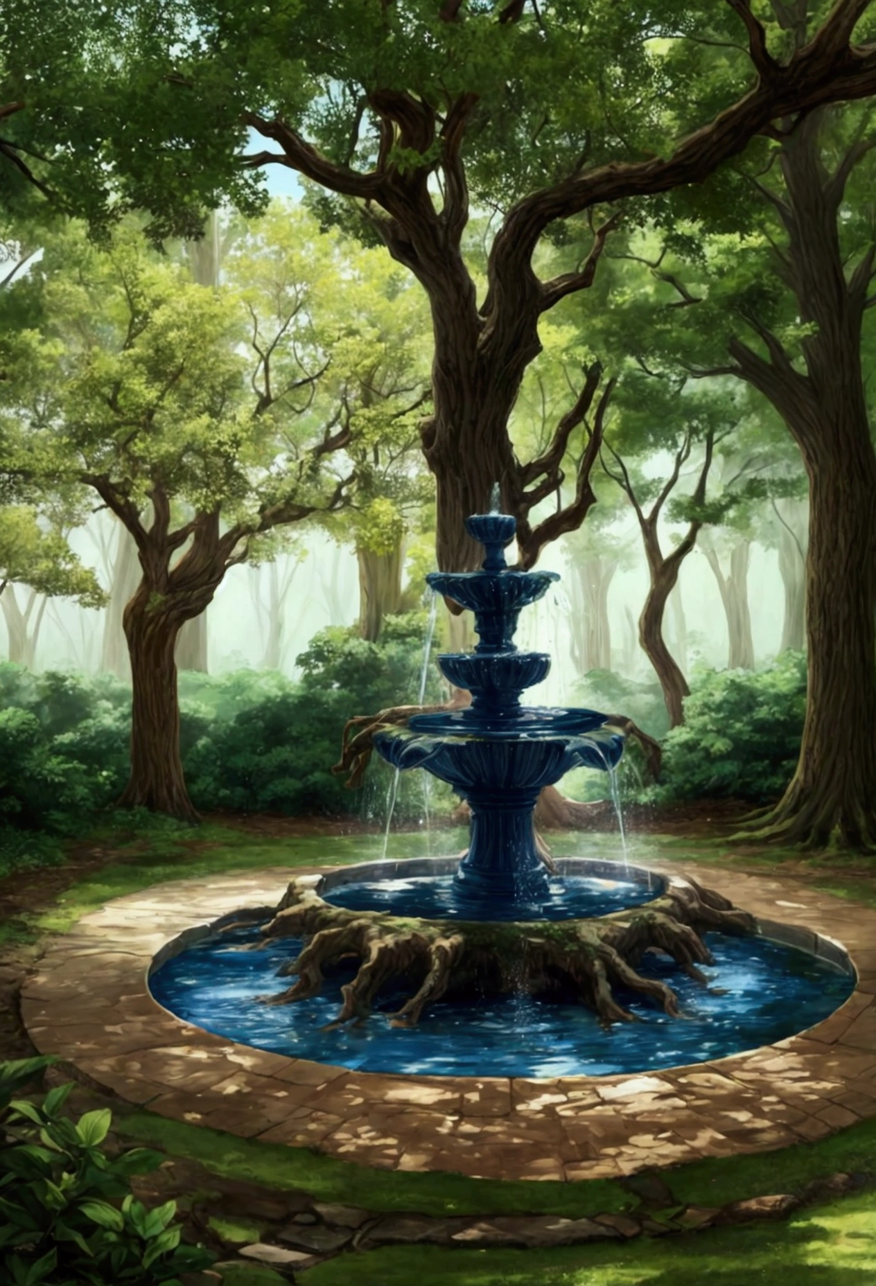 A clearing in the forest with a crystal clear water fountain and an old oak tree in the center.