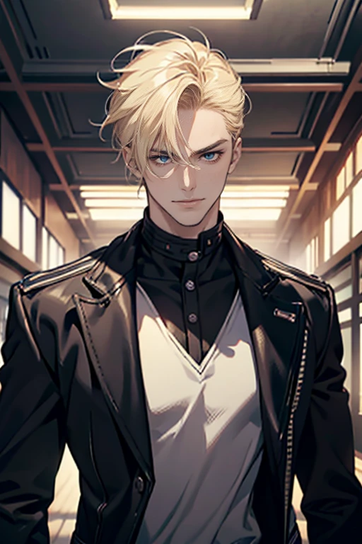 (tmasterpiece, high resolution, ultra - detailed:1.0), (1 boy, Young male, masculine face), Perfect male body, Adult male, Delicate eyes and delicate face, Extremely detailed CG, Unity 8k wallpaper, Complicated details, Detailed face, (blond hair, messy hair, serious faces, white T-shirt,Bad students), (frown,evil smile:1.3), hand in pocket, school corridor,black leather jacket, color difference, Depth of field, dramatic shadow, Ray tracing, Best quality, Cinematic lighting, offcial art,Portrait