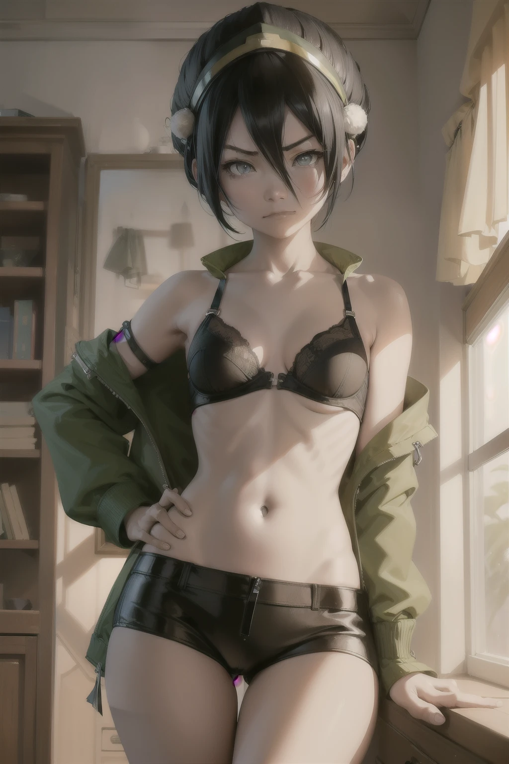 absurdres, highres, ultra detailed, toph beifong , disappointed angry  face , solo , gren jacket, open clothes,  bra , flat chest  ,shorts , looking at viewer , bedroom . 