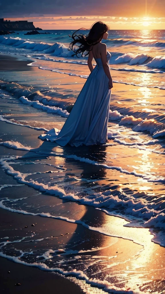 a true masterpiece depicting peace, all dreams, a woman on the beach, windy, silhouette, cinematic,hope, gorgeous lighting, contemplative, elegant, beautiful sea water, majestic sky,
