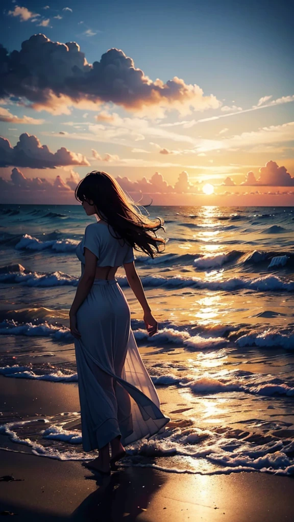 a true masterpiece depicting peace, all dreams, a woman on the beach, windy, silhouette, cinematic,hope, gorgeous lighting, contemplative, elegant, beautiful sea water, majestic sky,