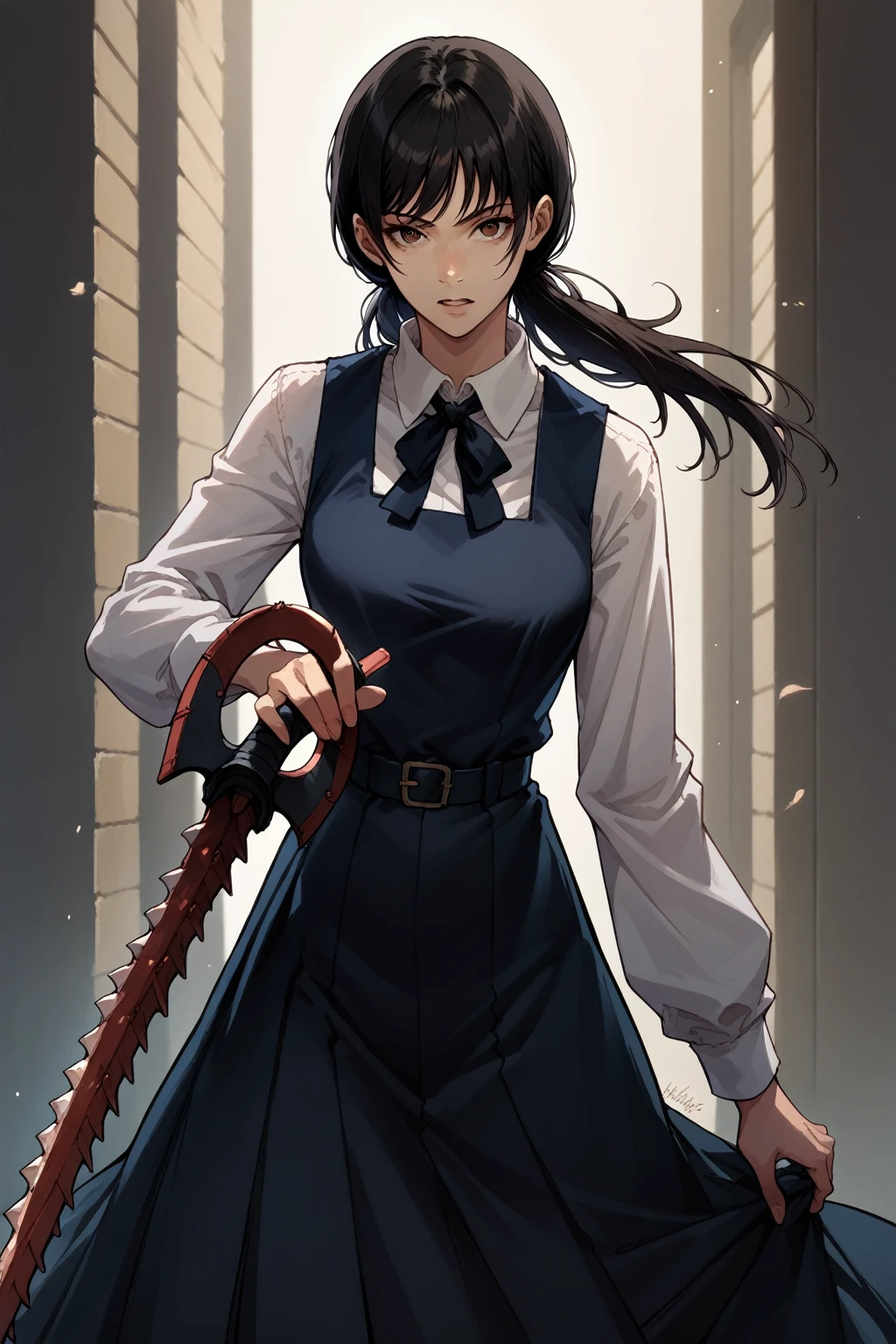 score_9, score_8_up, score_7_up,Asa_mitaka, brown eyes, black hair, black ribbon, cowboy shot, black pinafore dress, holding sword