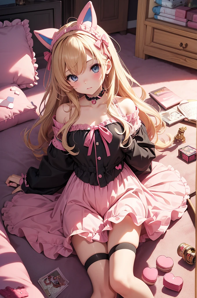 (Masterpiece, top quality, absolute resolution, real stick, realistic materials and textures, perfect anatomy), BREAK Subject: Photo girl Subtitle: Junior high school girls, thighs, small, cute, Kigurumi pajamas BREAK pink kawaii room , pink gothic room, messy room, Marchen, macarons, Candy, heart item, ribbon,star item, small window, (Miscellaneous goods are placed in a mess:1.3),dresser, antimacassar , busty, blond hair