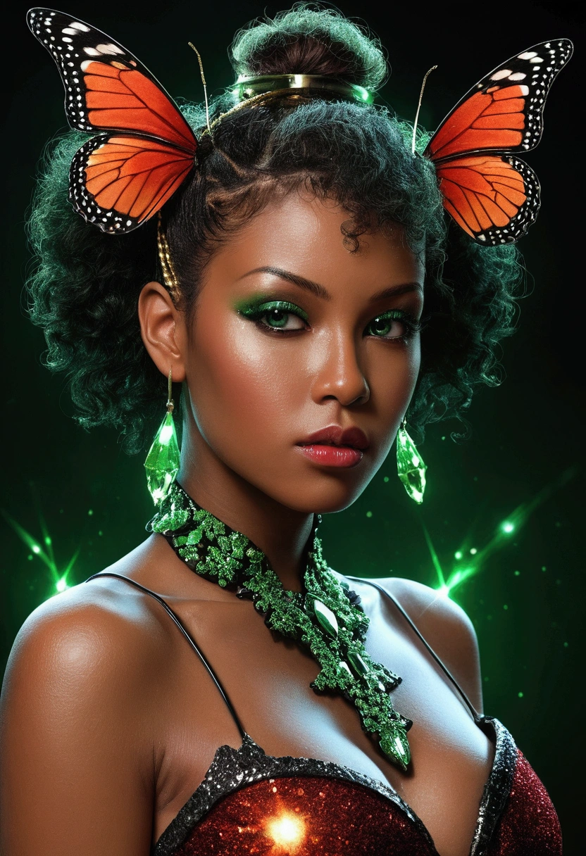 atmosfera sensual calorosa 4D style butterfly Mai sexy big tits picture of a grown-up magical girl sexy cute mature face hair afro red + green with some puled up into a false ponytail girl is sexy dark Black theme with glitter and sparkles big black crystal eye creating a glamorous and aesthetic effect. sharp focus emitting diodes smoke artillery sparks racks system unit motherboard by pascal blanche rutkowski repin artstation hyperrealism painting concept art of detailed